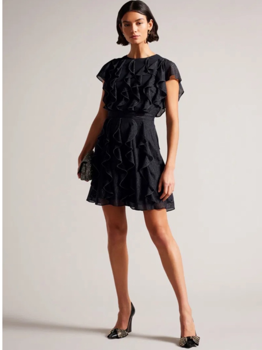 Ted Baker London Dollei Waterfall Ruffle Metal Ball Trim Mini Cocktail Dress